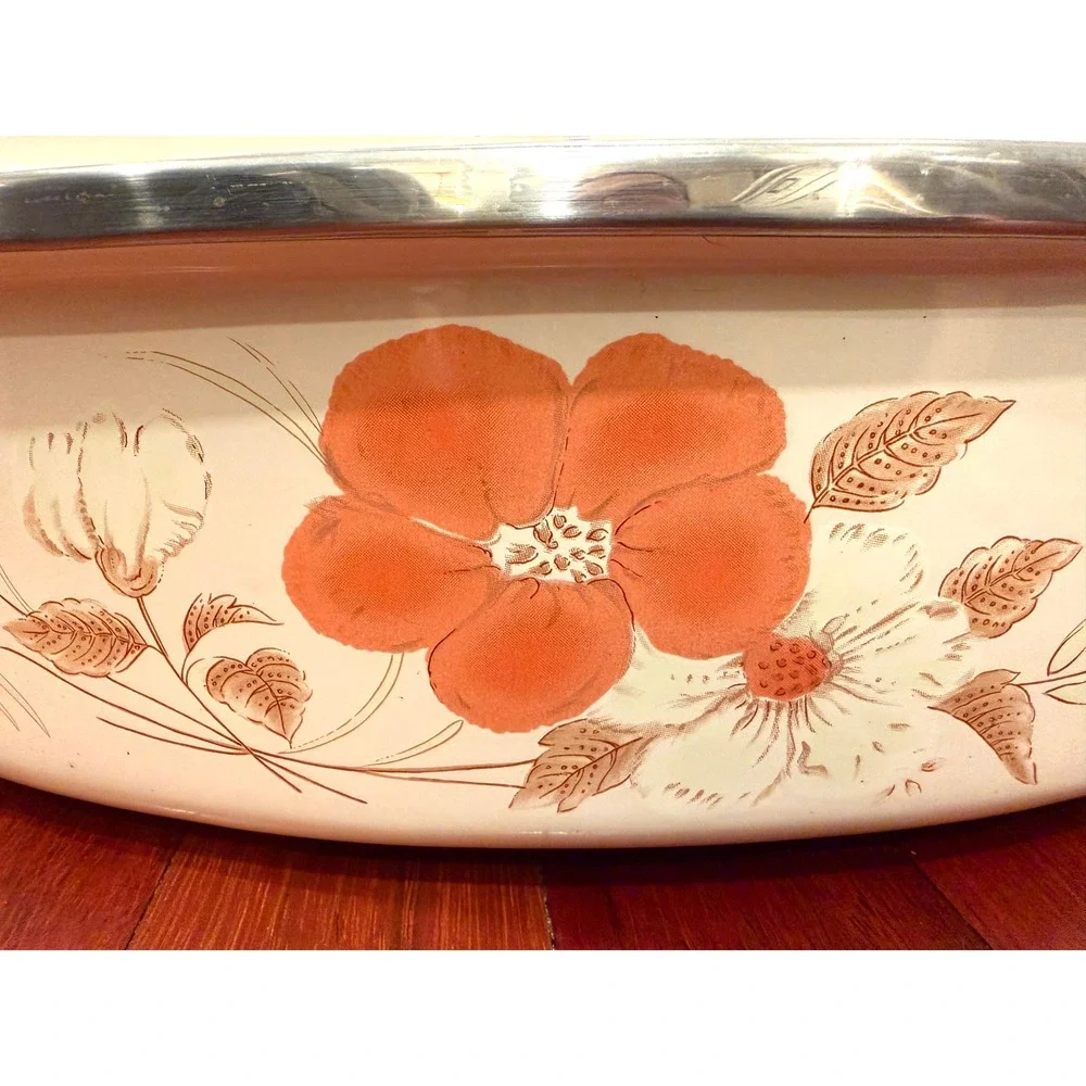 Vntg Watercolor Hearthside Blush Enamelware Oval Roasting Pan with Lid Floral‎